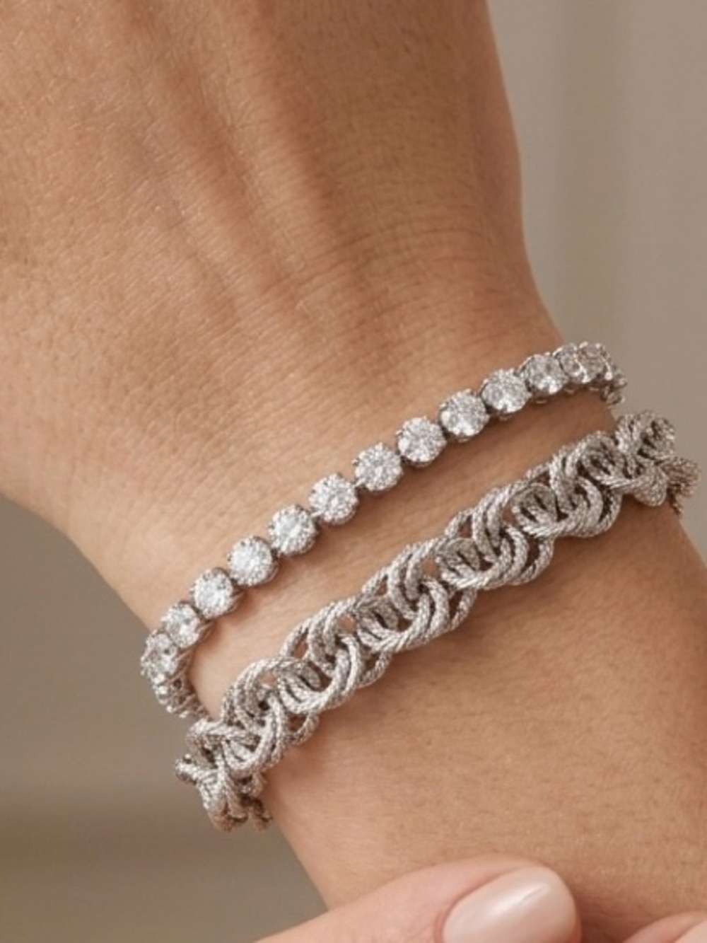 Layered Crystal & Chain Bracelet Set - Platinum Plated, Water Resistant